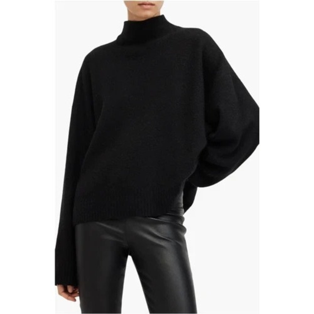 AllSaints Womens Asha Mock Neck Sweater XS Black Wool Blend Crop Overized Boxy